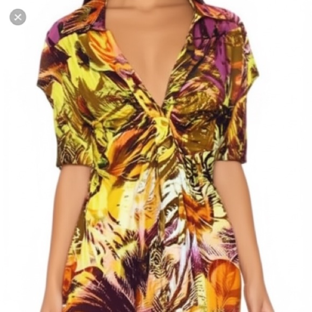 Cache Purple Yellow Cap Sleeve Ruched Blouse